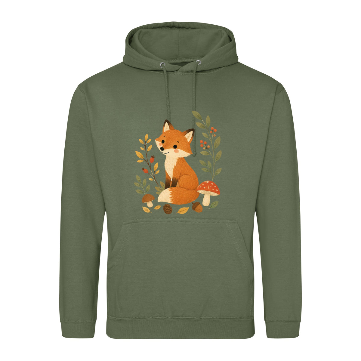 Fox Among the Toadstools Adult Hoodie - Once Upon a Woodland Earthy Green colour variant image