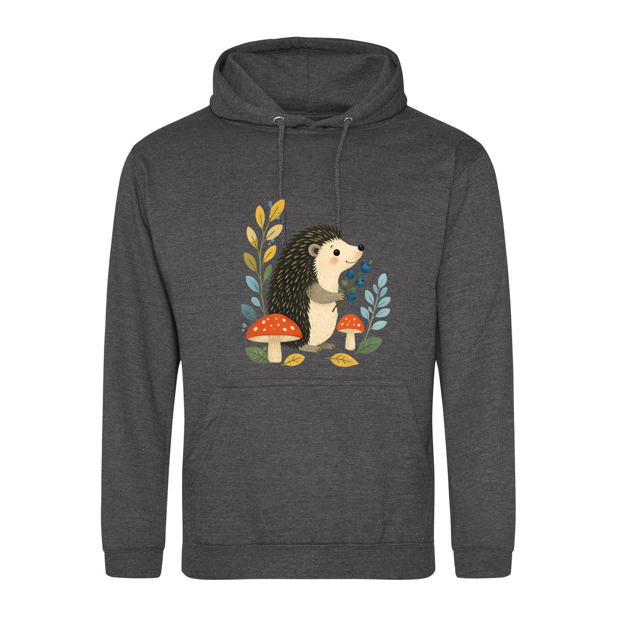 Hedgehog's Berry Harvest Adult Hoodie - Once Upon a Woodland Charcoal colour variant image