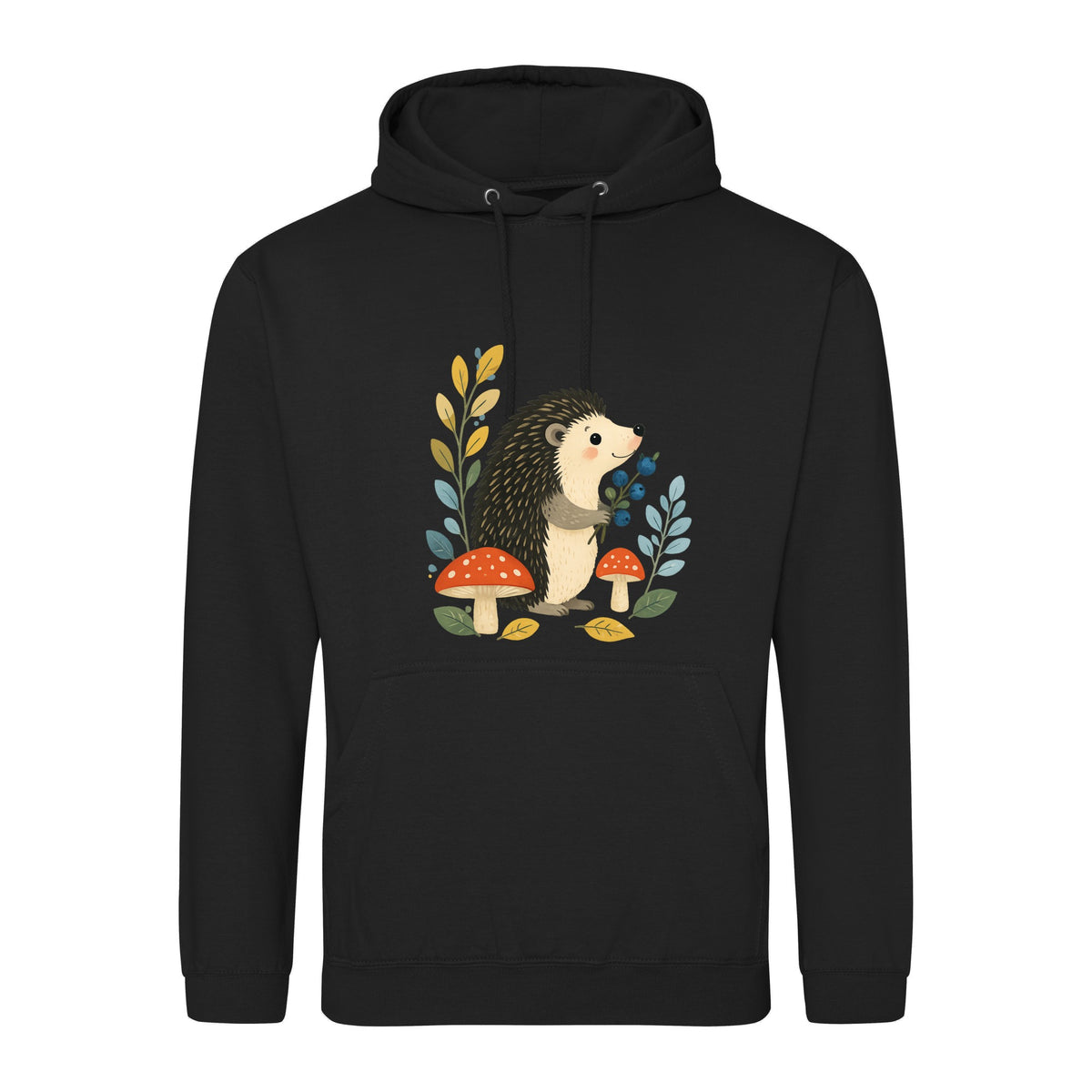 Hedgehog's Berry Harvest Adult Hoodie - Once Upon a Woodland Deep Black colour variant image
