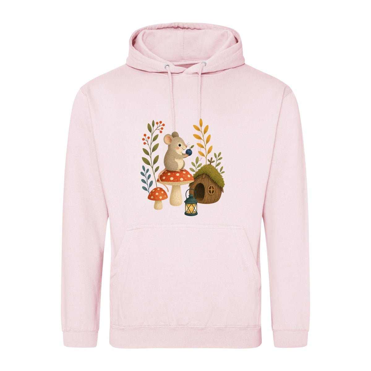 Mouse at Mushroom Cottage Adult Hoodie - Once Upon a Woodland Baby Pink colour variant image