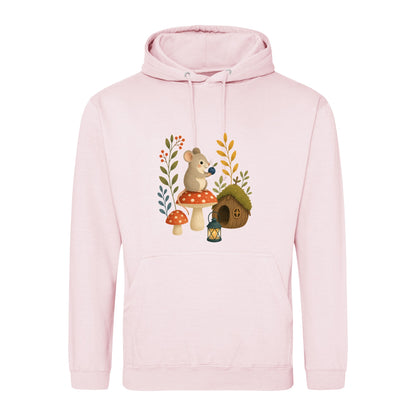 Mouse at Mushroom Cottage Adult Hoodie - Once Upon a Woodland Baby Pink colour variant image