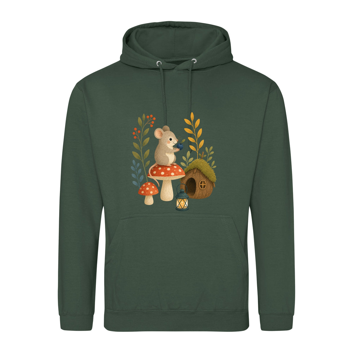 Mouse at Mushroom Cottage Adult Hoodie - Once Upon a Woodland Bottle Green colour variant image