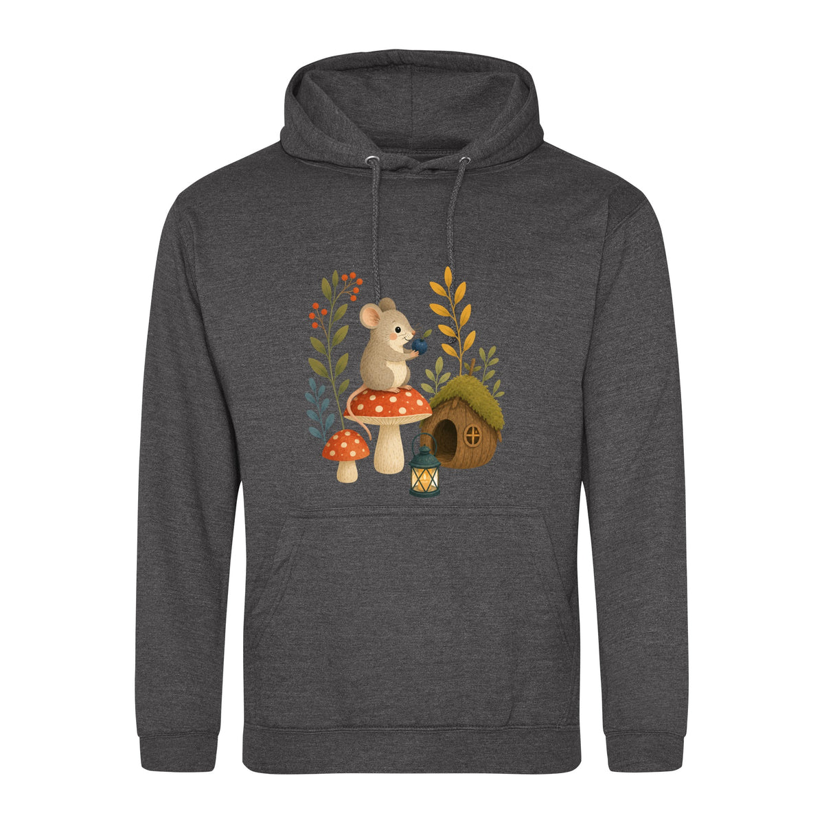 Mouse at Mushroom Cottage Adult Hoodie - Once Upon a Woodland Charcoal colour variant image
