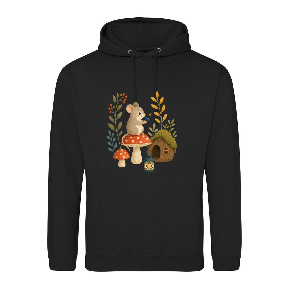 Mouse at Mushroom Cottage Adult Hoodie - Once Upon a Woodland Deep Black colour variant image