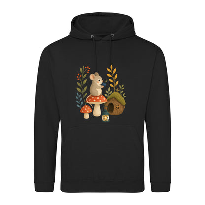 Mouse at Mushroom Cottage Adult Hoodie - Once Upon a Woodland Deep Black colour variant image