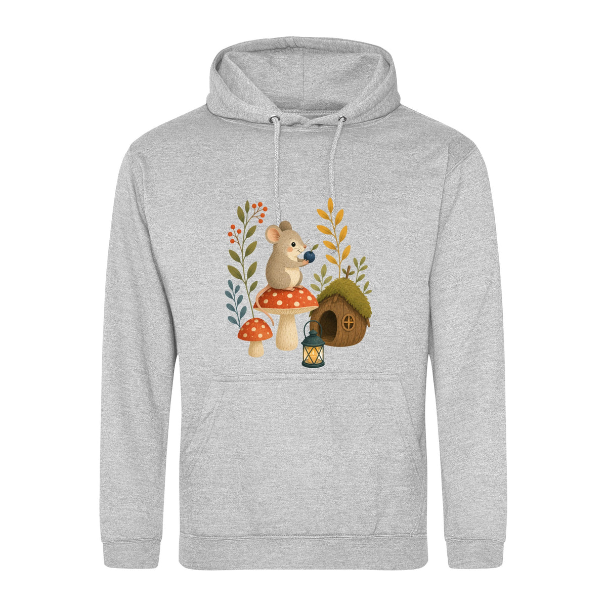 Mouse at Mushroom Cottage Adult Hoodie - Once Upon a Woodland Heather Grey colour variant image