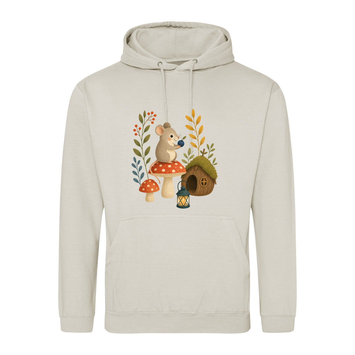 Mouse at Mushroom Cottage Adult Hoodie - Once Upon a Woodland Natural Stone colour variant image