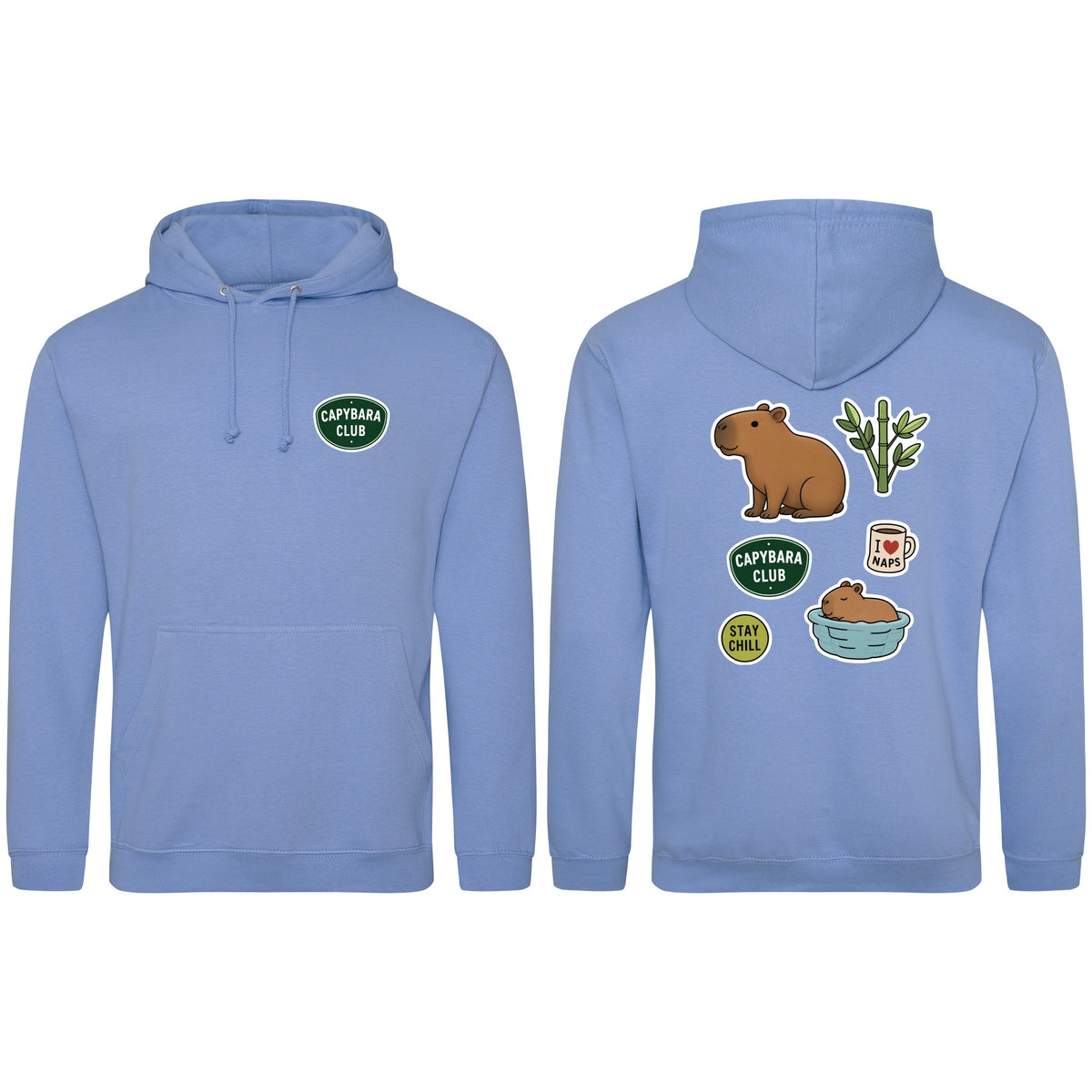 Capybara Chill Club Adult Hoodie - Badges of the Wild Cornflower Blue colour variant image