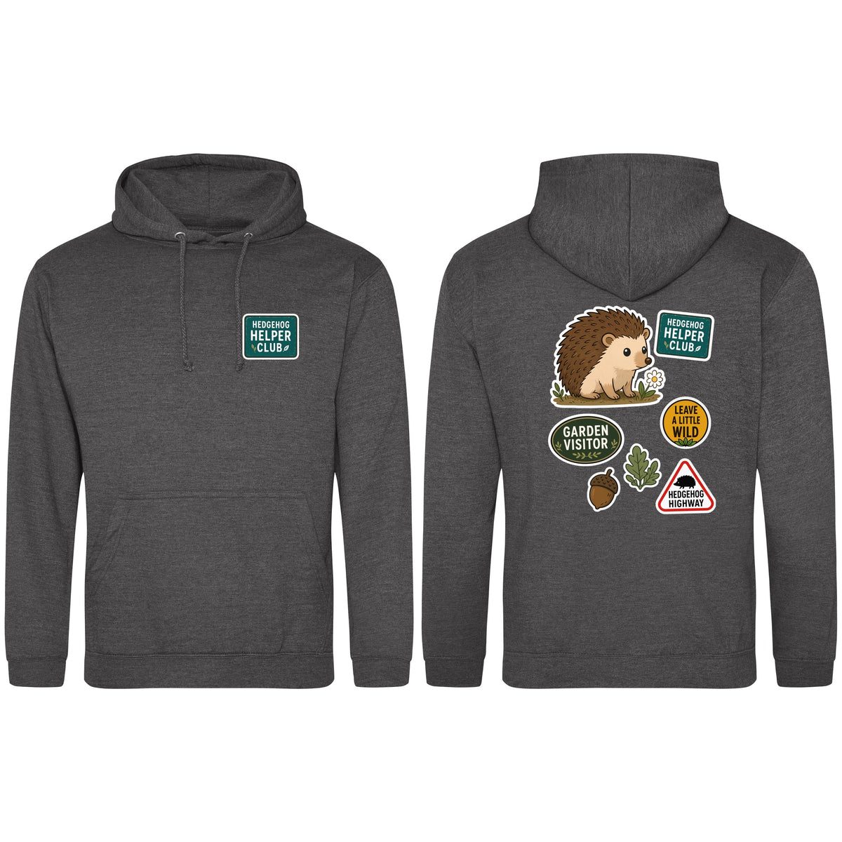 Hedgehog Helper Club Adult Hoodie - Badges of the Wild Charcoal colour variant image