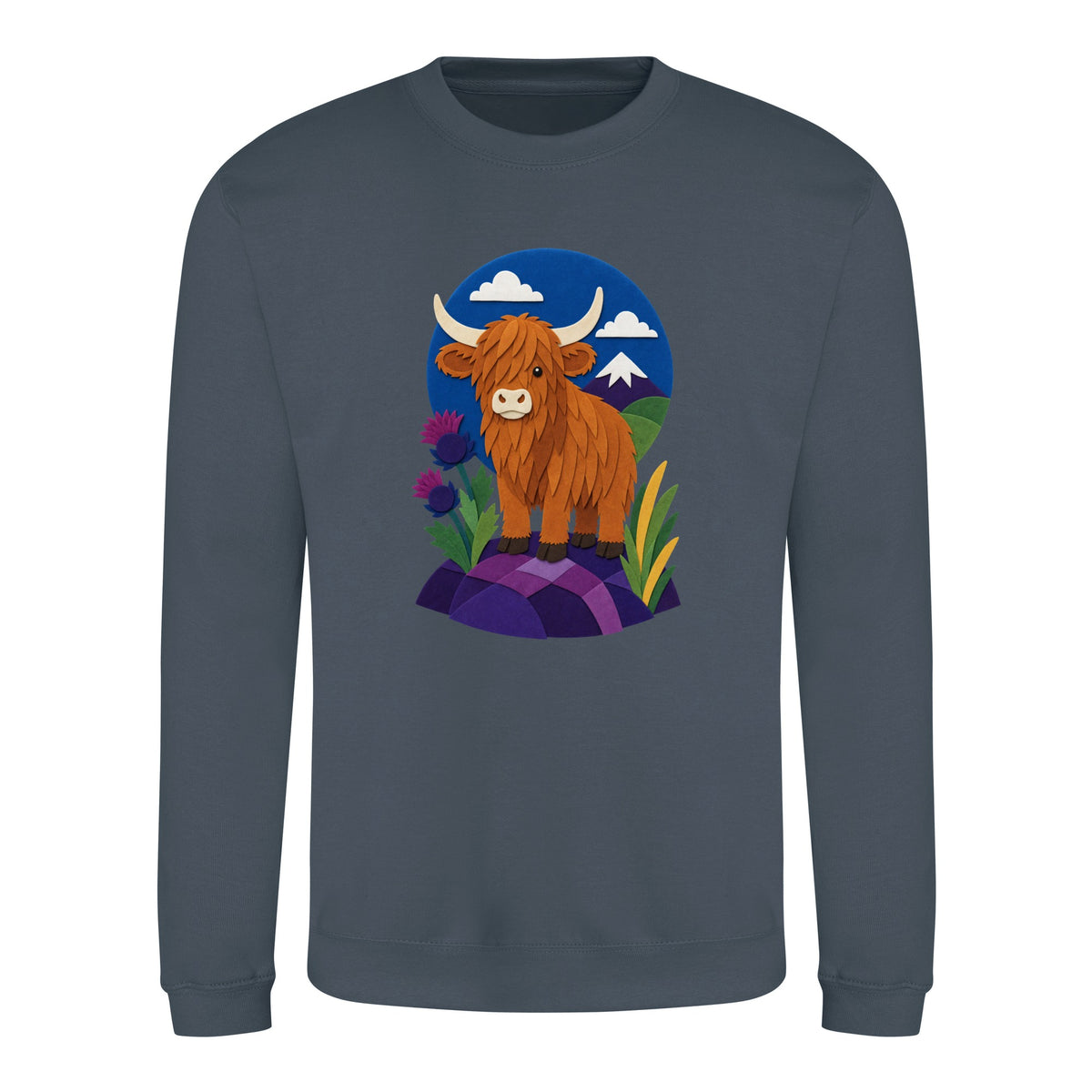 Highland Cow Among the Thistles Adult Sweatshirt - Felt & Fauna Airforce Blue colour variant image