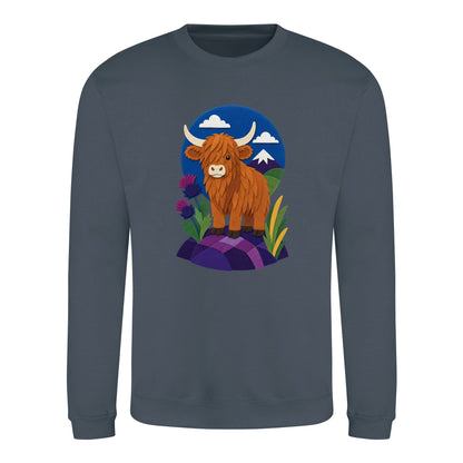 Highland Cow Among the Thistles Adult Sweatshirt - Felt & Fauna Airforce Blue colour variant image