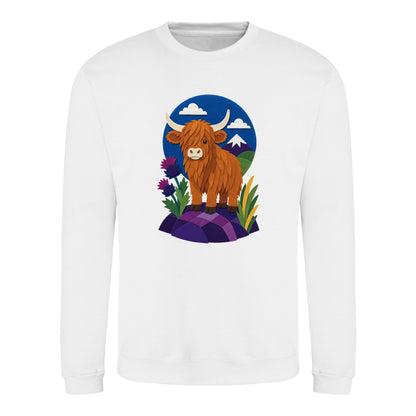 Highland Cow Among the Thistles Adult Sweatshirt - Felt & Fauna Arctic White colour variant image
