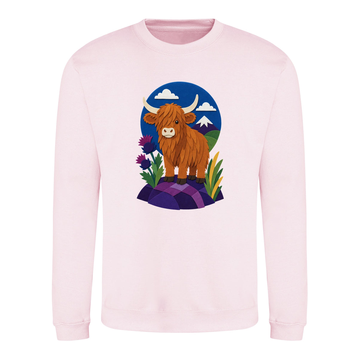 Highland Cow Among the Thistles Adult Sweatshirt - Felt & Fauna Baby Pink colour variant image