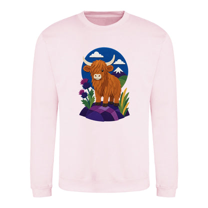 Highland Cow Among the Thistles Adult Sweatshirt - Felt & Fauna Baby Pink colour variant image