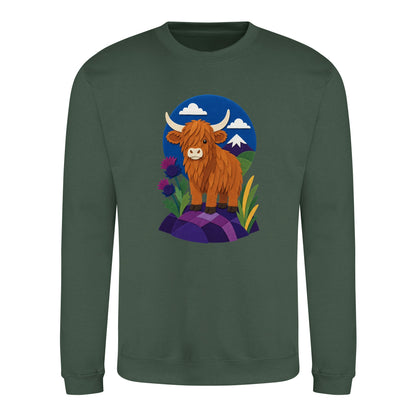 Highland Cow Among the Thistles Adult Sweatshirt - Felt & Fauna Bottle Green colour variant image