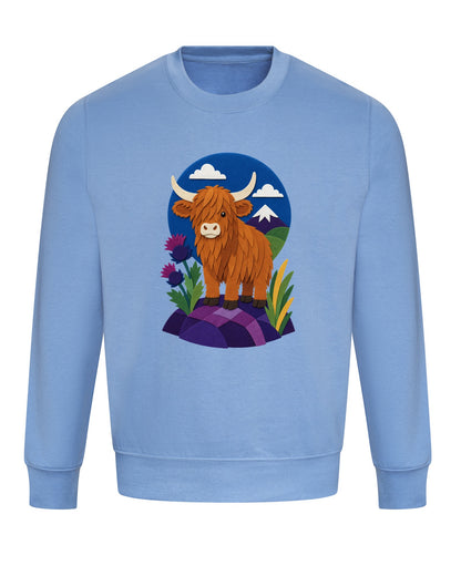 Highland Cow Among the Thistles Adult Sweatshirt - Felt & Fauna Cornflower Blue colour variant image