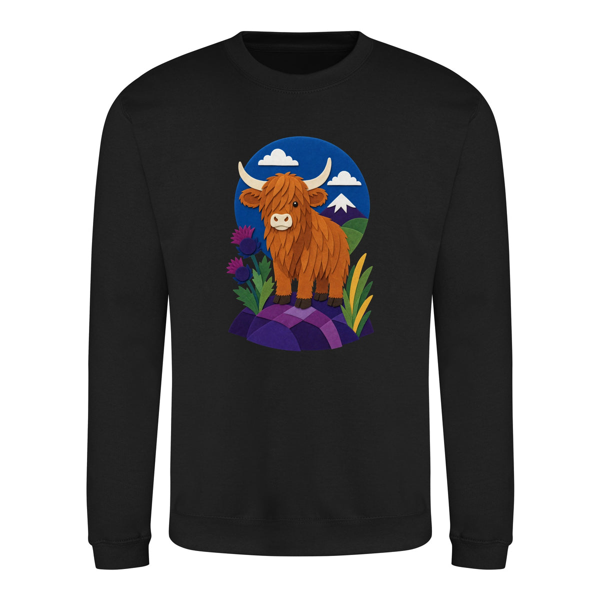 Highland Cow Among the Thistles Adult Sweatshirt - Felt & Fauna Deep Black colour variant image