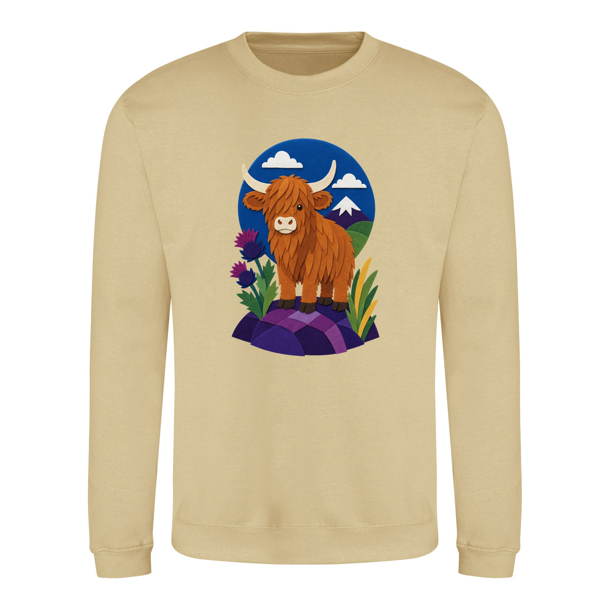 Highland Cow Among the Thistles Adult Sweatshirt - Felt & Fauna Desert Sand colour variant image