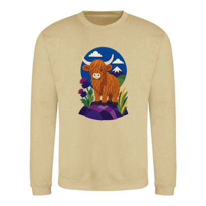 Highland Cow Among the Thistles Adult Sweatshirt - Felt & Fauna Desert Sand colour variant image