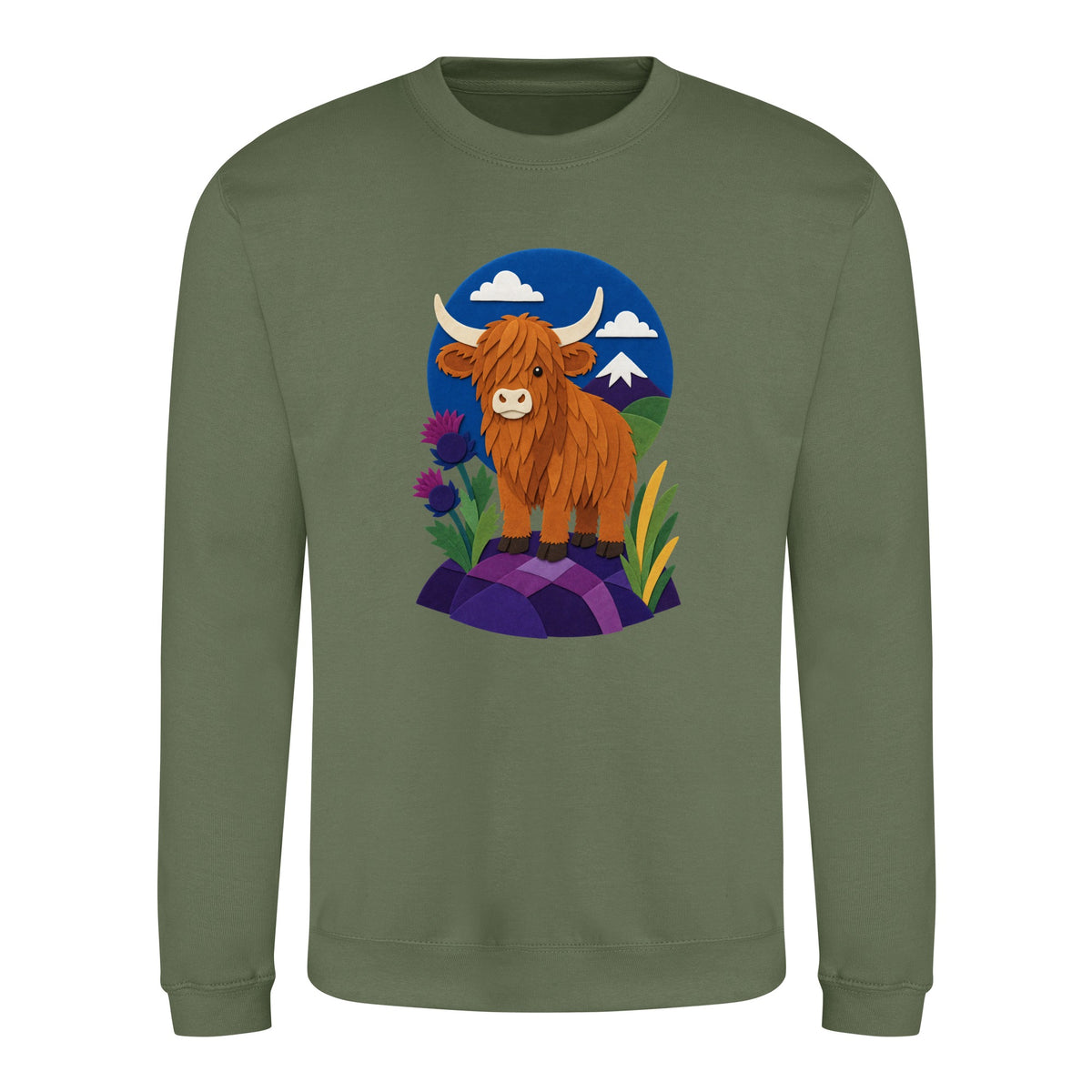 Highland Cow Among the Thistles Adult Sweatshirt - Felt & Fauna Earthy Green colour variant image