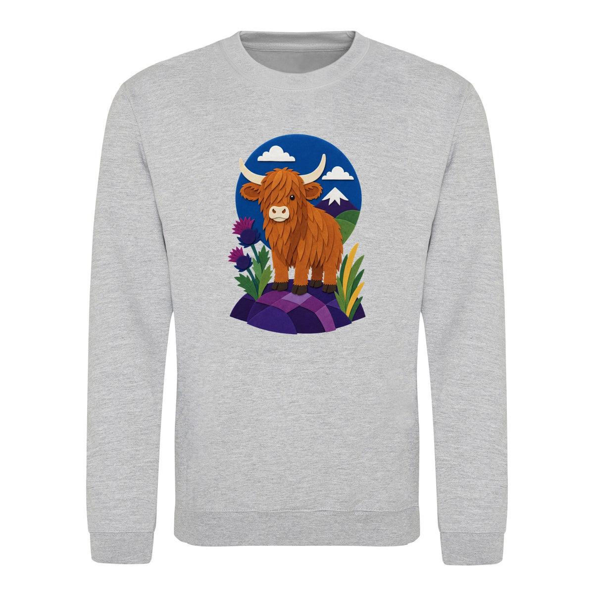 Highland Cow Among the Thistles Adult Sweatshirt - Felt & Fauna Heather Grey colour variant image
