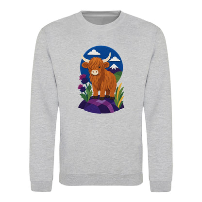 Highland Cow Among the Thistles Adult Sweatshirt - Felt & Fauna Heather Grey colour variant image