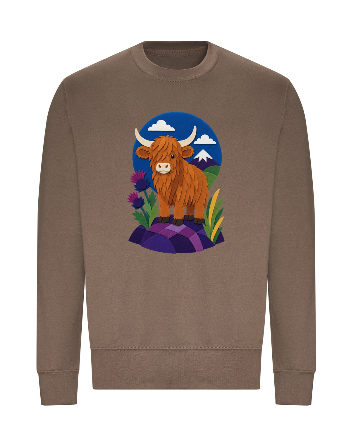Highland Cow Among the Thistles Adult Sweatshirt - Felt & Fauna Mocha Brown colour variant image