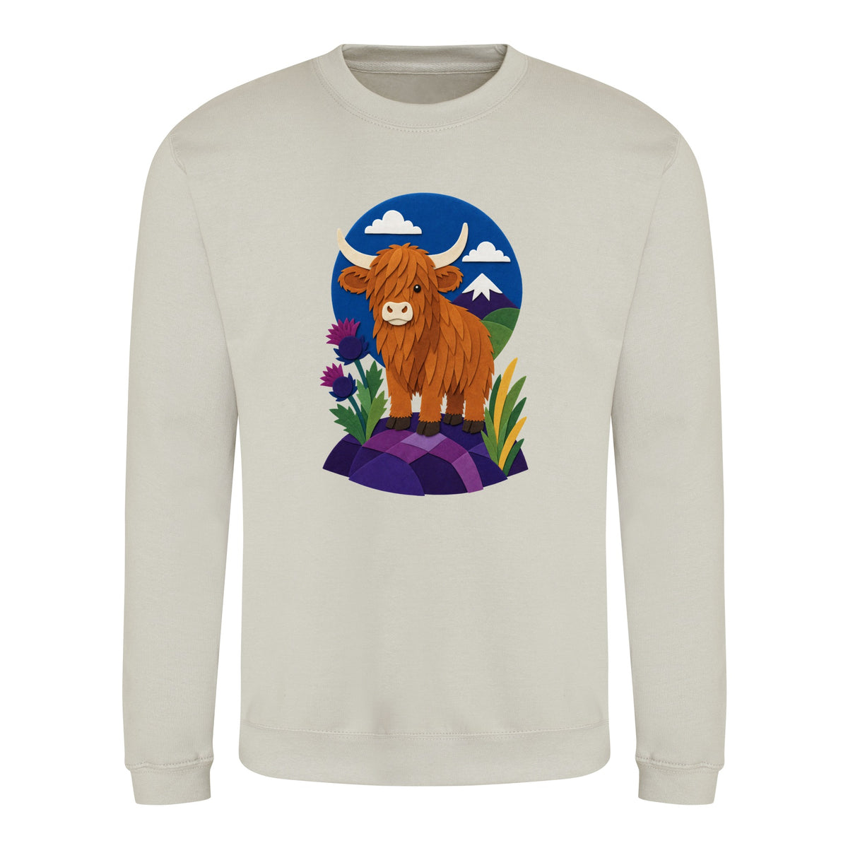 Highland Cow Among the Thistles Adult Sweatshirt - Felt & Fauna Natural Stone colour variant image