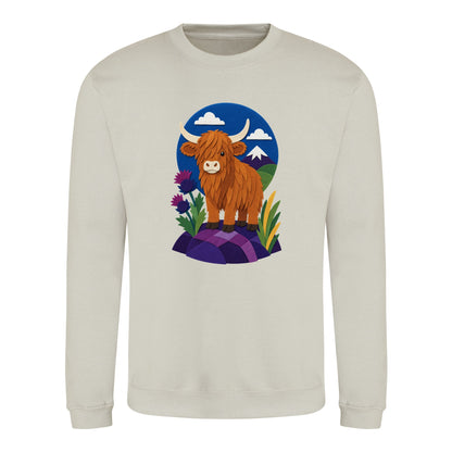 Highland Cow Among the Thistles Adult Sweatshirt - Felt & Fauna Natural Stone colour variant image