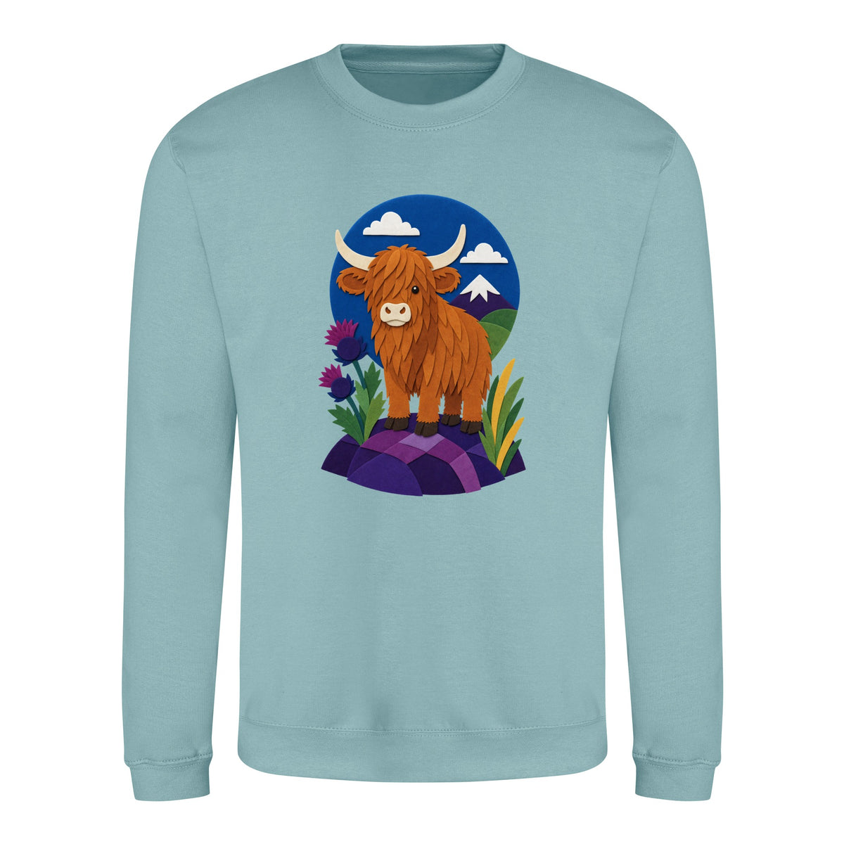 Highland Cow Among the Thistles Adult Sweatshirt - Felt & Fauna Seafoam colour variant image