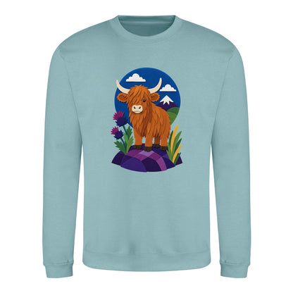 Highland Cow Among the Thistles Adult Sweatshirt - Felt & Fauna Seafoam colour variant image