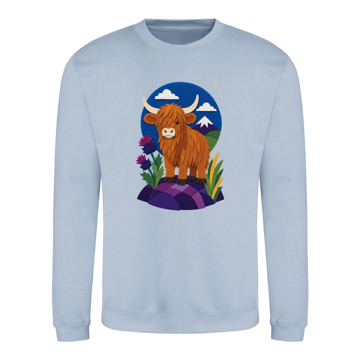 Highland Cow Among the Thistles Adult Sweatshirt - Felt & Fauna Sky Blue colour variant image