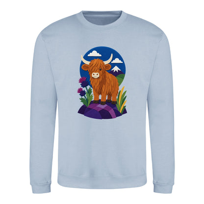 Highland Cow Among the Thistles Adult Sweatshirt - Felt & Fauna Sky Blue colour variant image