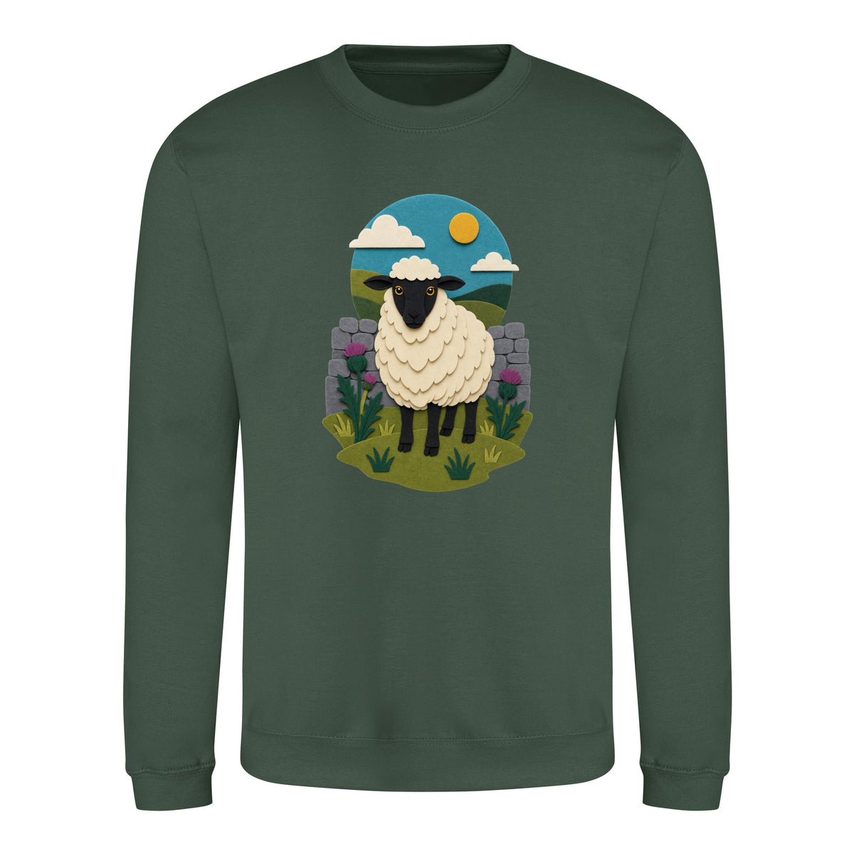 Sheep by the Stone Wall Adult Sweatshirt - Felt & Fauna Bottle Green colour variant image