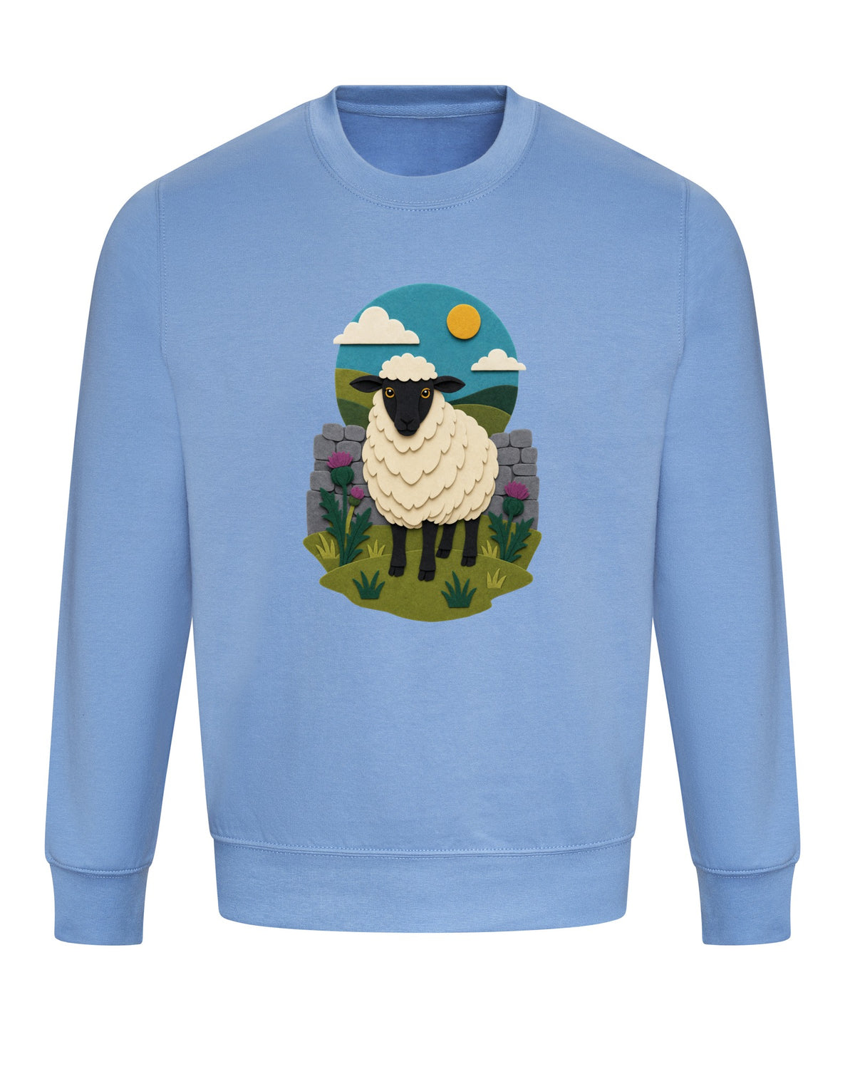 Sheep by the Stone Wall Adult Sweatshirt - Felt & Fauna Cornflower Blue colour variant image