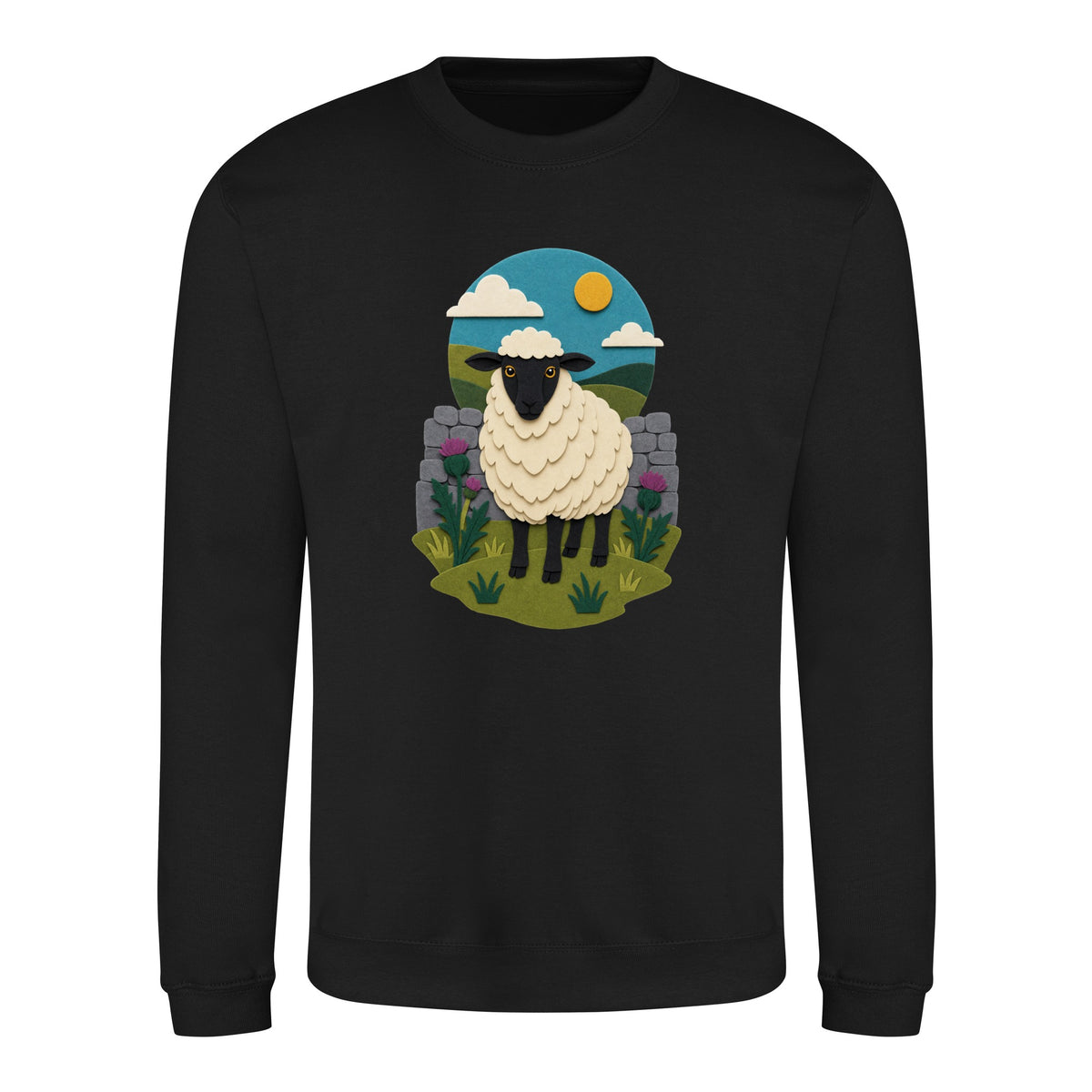 Sheep by the Stone Wall Adult Sweatshirt - Felt & Fauna Deep Black colour variant image