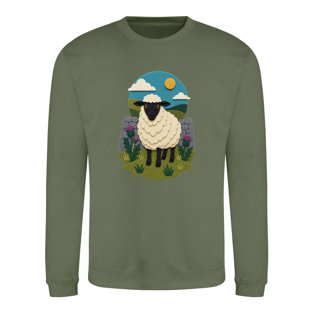 Sheep by the Stone Wall Adult Sweatshirt - Felt & Fauna Earthy Green colour variant image