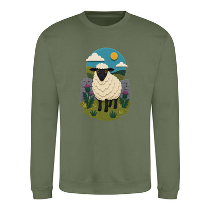 Sheep by the Stone Wall Adult Sweatshirt - Felt & Fauna Earthy Green colour variant image