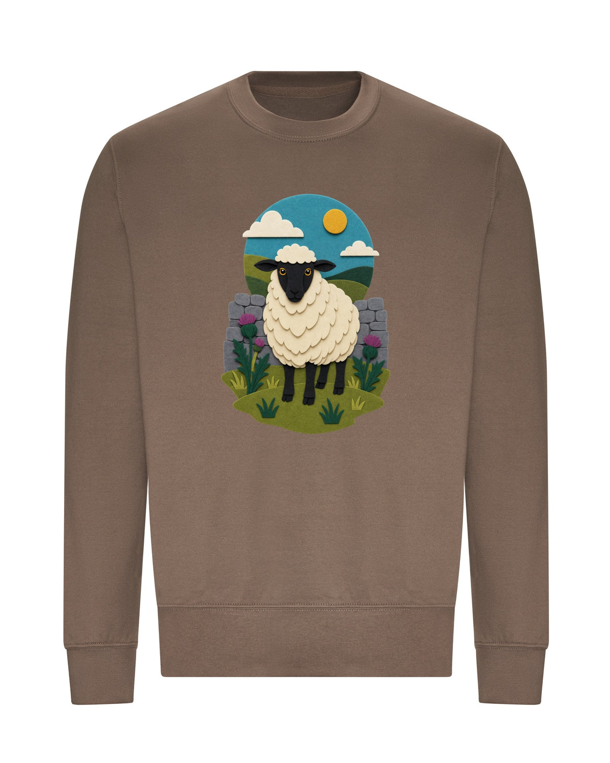 Sheep by the Stone Wall Adult Sweatshirt - Felt & Fauna Mocha Brown colour variant image