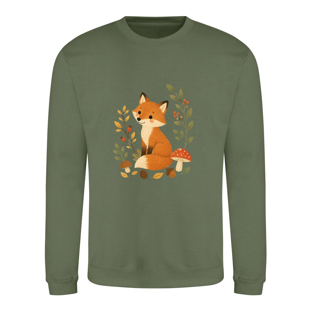 Fox Among the Toadstools Adult Sweatshirt - Once Upon a Woodland Earthy Green colour variant image