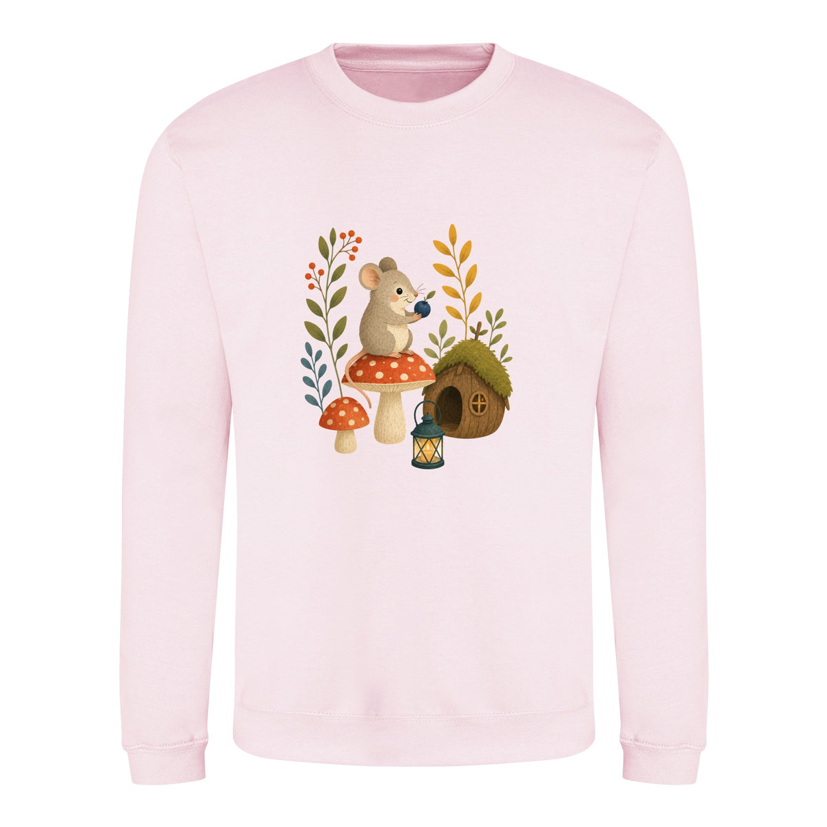 Mouse at Mushroom Cottage Adult Sweatshirt - Once Upon a Woodland Baby Pink colour variant image