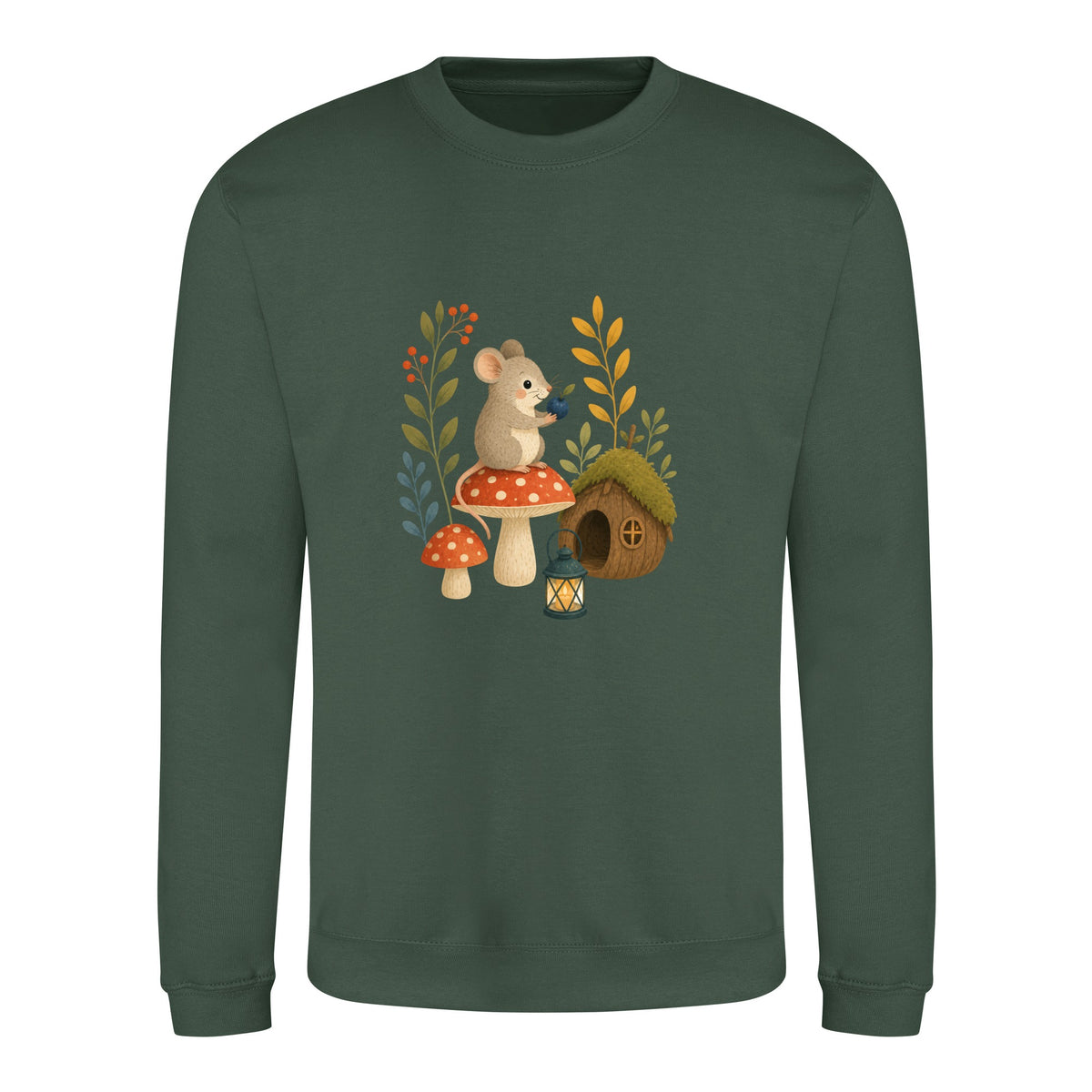 Mouse at Mushroom Cottage Adult Sweatshirt - Once Upon a Woodland Bottle Green colour variant image