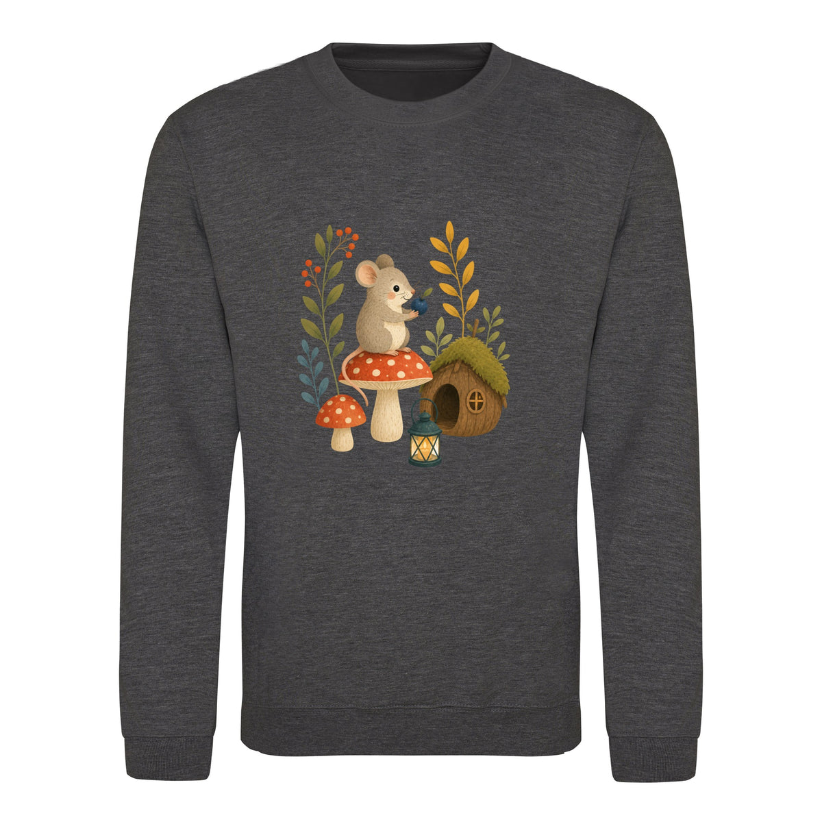 Mouse at Mushroom Cottage Adult Sweatshirt - Once Upon a Woodland Charcoal colour variant image