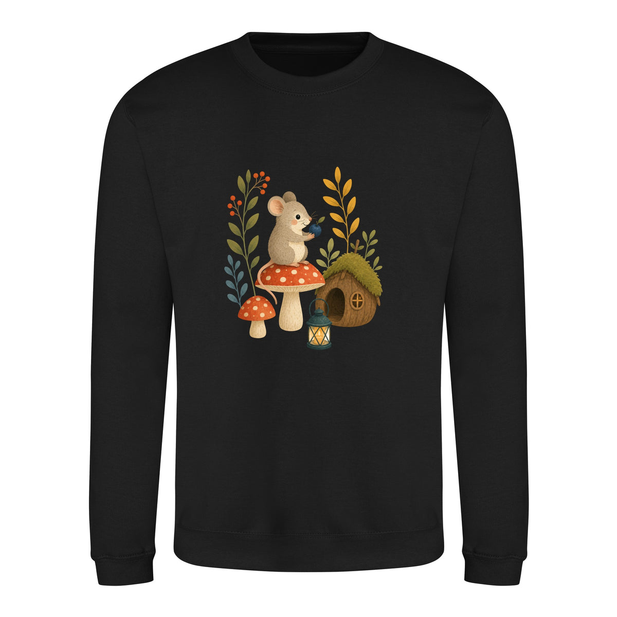 Mouse at Mushroom Cottage Adult Sweatshirt - Once Upon a Woodland Deep Black colour variant image