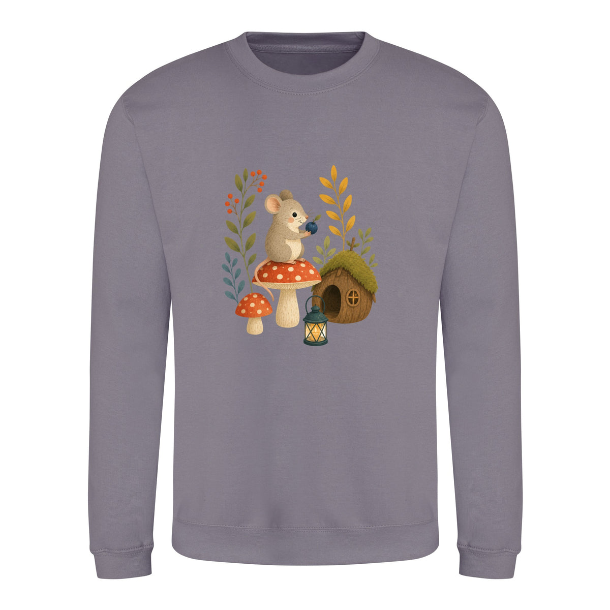 Mouse at Mushroom Cottage Adult Sweatshirt - Once Upon a Woodland Dusty Lilac colour variant image