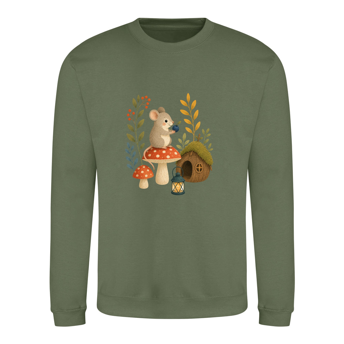 Mouse at Mushroom Cottage Adult Sweatshirt - Once Upon a Woodland Earthy Green colour variant image