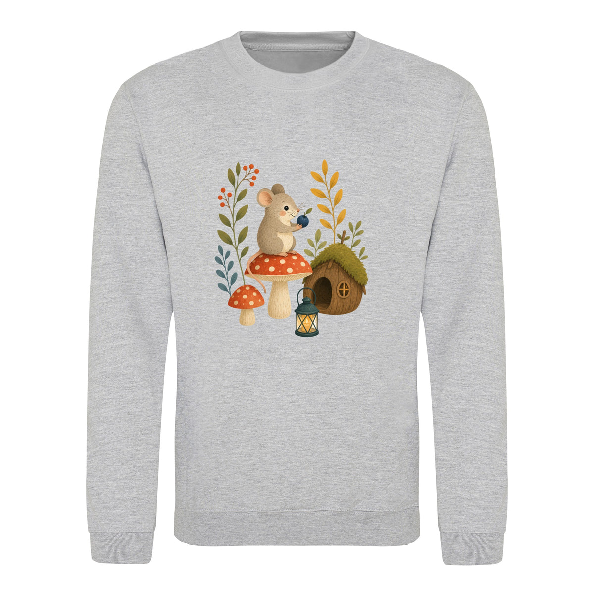 Mouse at Mushroom Cottage Adult Sweatshirt - Once Upon a Woodland Heather Grey colour variant image