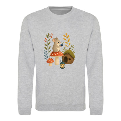 Mouse at Mushroom Cottage Adult Sweatshirt - Once Upon a Woodland Heather Grey colour variant image