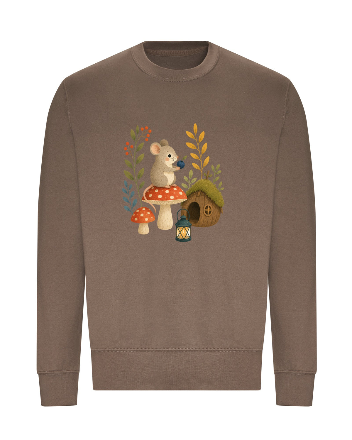 Mouse at Mushroom Cottage Adult Sweatshirt - Once Upon a Woodland Mocha Brown colour variant image