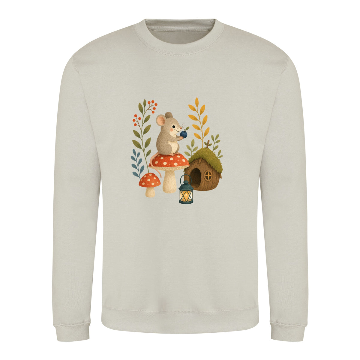 Mouse at Mushroom Cottage Adult Sweatshirt - Once Upon a Woodland Natural Stone colour variant image